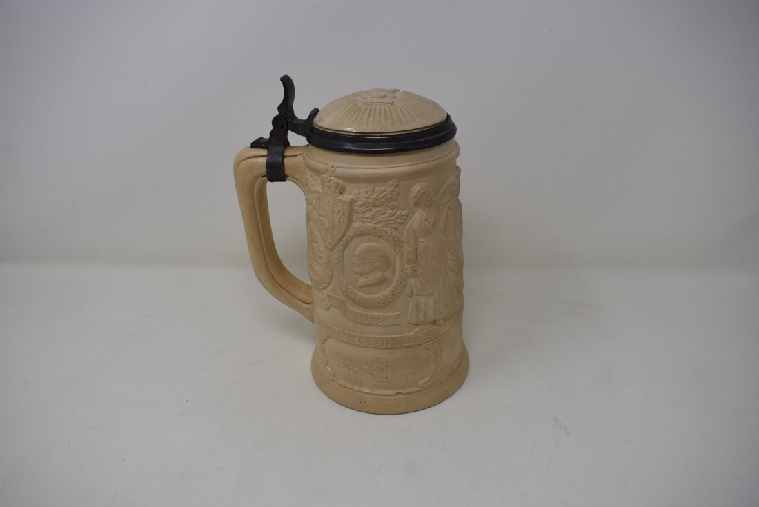 Norway Commemorative Beer Stein 1905: 1905 Norway Commemorative Beer Stein, Stoneware Relief with Busts of Hansen, Berner, Michelsen and Lovland. Measures 8" tall