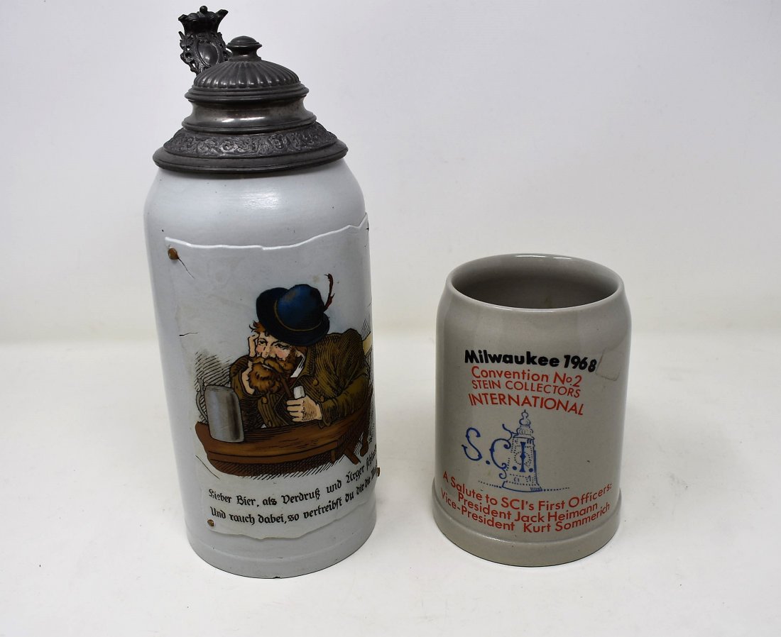 Mettlach 1 L Tapestry & 1968 SCI Convention Beer Steins: Lot of 2 Beer Steins, 1 Liter Mettlach Tapestry, Original Pewter Lid #1536, measures 10"Milwaukee 1968 SCI Convention #2 stein