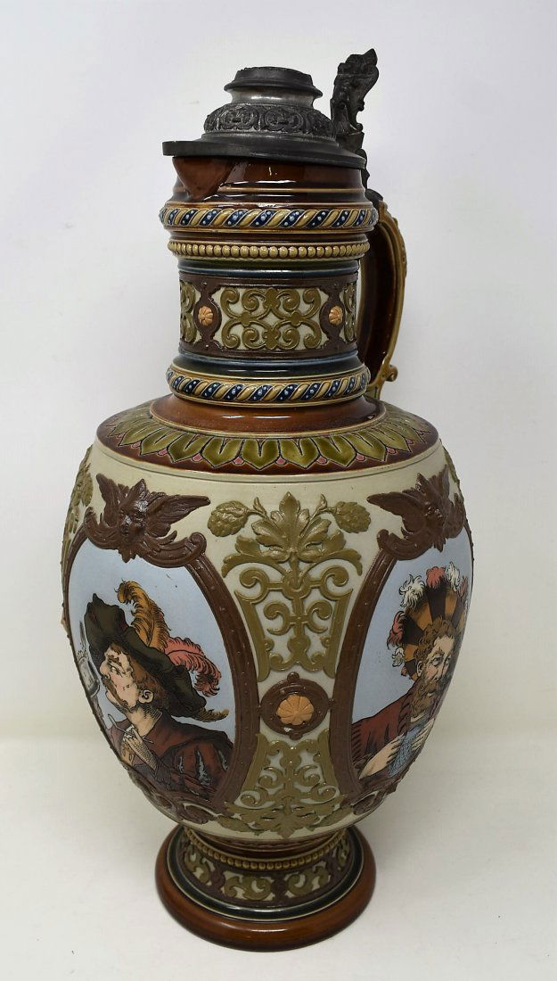 Mettlach 3 L 1830 Drinking Cavaliers Beer Stein: Large Mettlach 3 liter #1830 Drinking Cavaliers Beer Stein, 4 Panel Cavaliers drinking scenes, original pewter lid