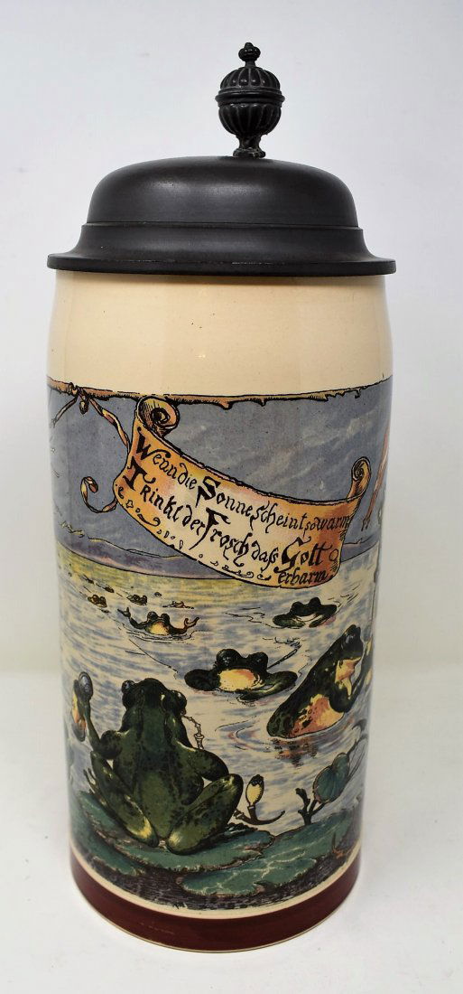 Mettlach 1526 Frog Beer Stein 3 Liter: Mettlach #1526 Pug 3 Liter Drinking Frog Beer Stein, Heinrich Schlitt decoration rarely seen, measures 14" tall