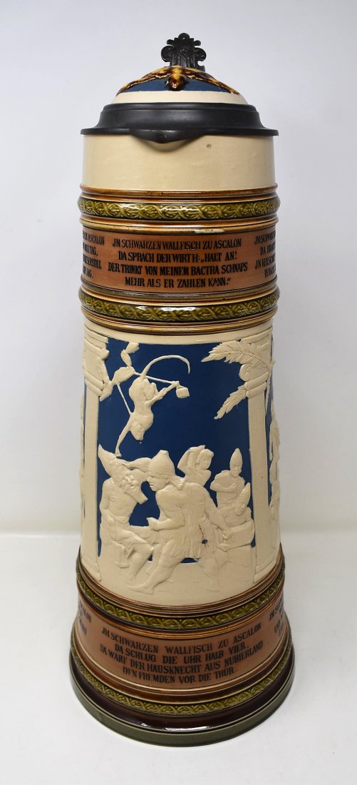 Mettlach 3 liter "Whale of Ascalon" Beer Stein 2194: Mettlach 2194 "Whaleof Ascalon" large 3 liter beer stein with Alligator Handle and Turtle inlay lid, measures 18" tall