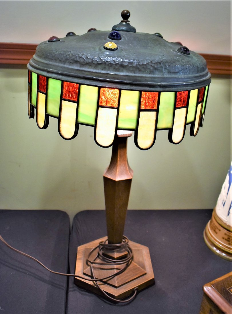 Arts & Crafts Style Copper Lidded Lamp w/ Deco Jewels: Arts & Crafts Style Copper Lidded Lamp with nice Deco Jewels in the copper top - very nice example of works from this aesthetic movement - glass has some hairline cracks, please see photos total Lamp
