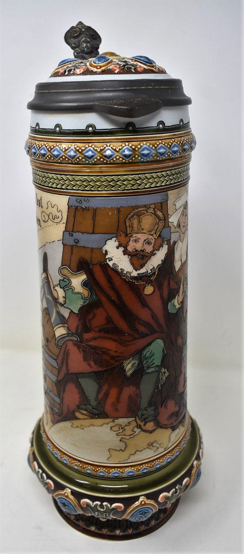 Mettlach 2107 Etched Gambrinus 2 Liter Beer Stein: Mettlach #2107 Gambrinus and Barmaid Etched 2 liter beer stein with a jeweled lid. It measures 15" tall