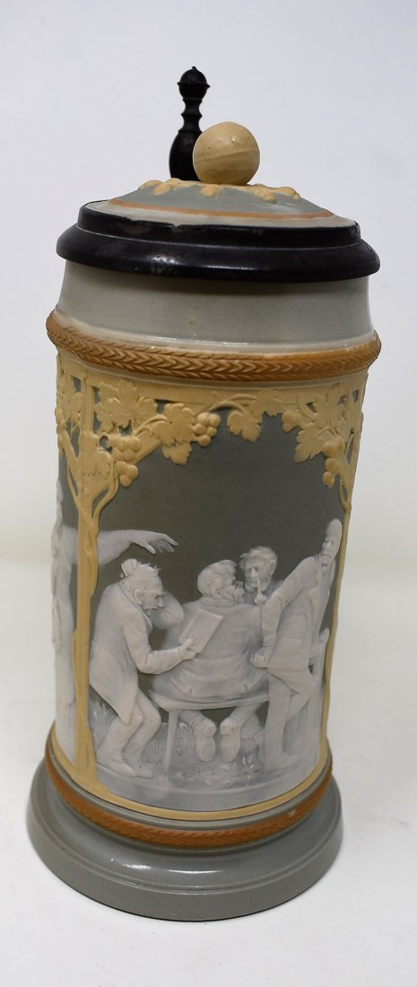 Mettlach 2628 1/2 Liter Cameo Beer Stein: .5 liter Mettlach Cameo Beer Stein 2628, bowling scene, figural inlay lid