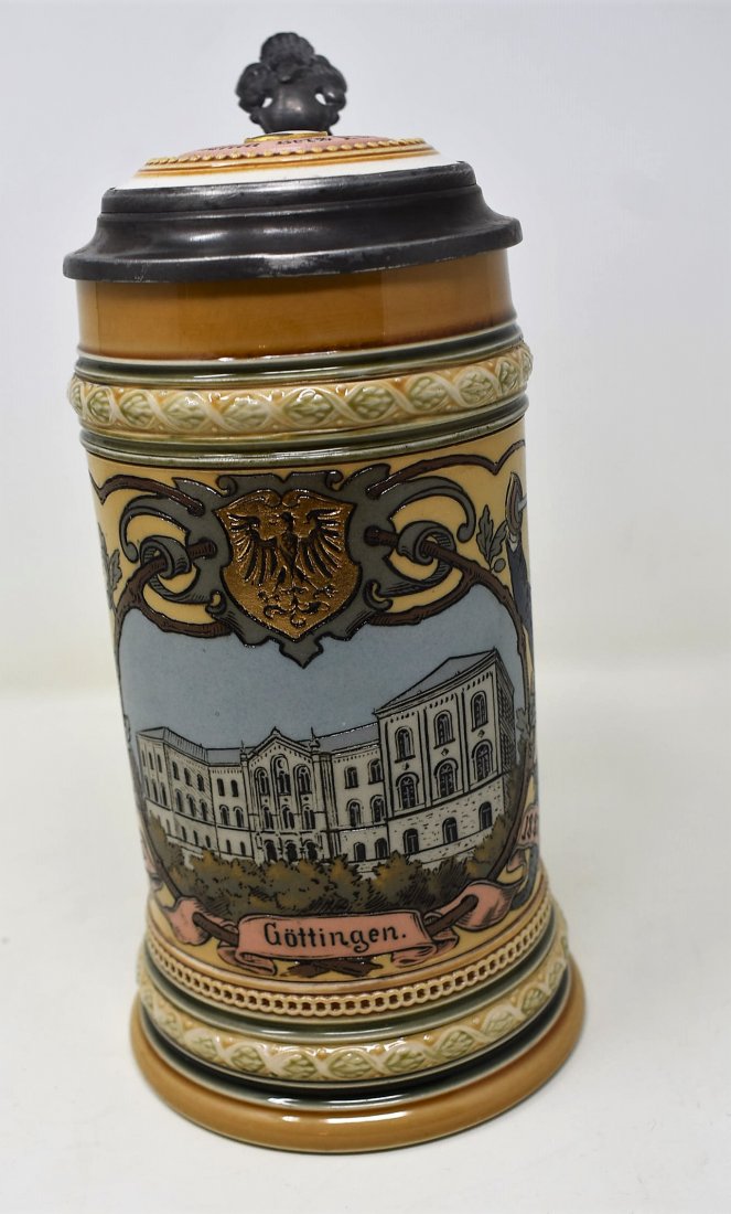 .5 liter Mettlach Stein 1742 Gottinger University: .5 liter Mettlach Beer Stein with inlay lid 142 Gottinger University, etched.