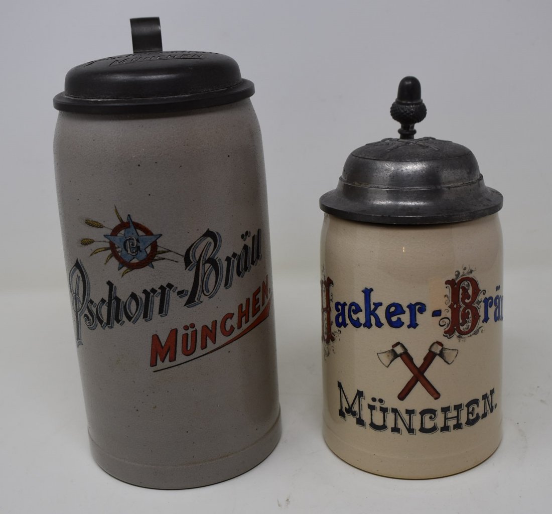 Pair of Brewery Beer Steins Pschorr Brau Munchen: A Pair of Brewery Beer Steins:1 Liter Pschorr Brau stoneware, pewter lid, inscribed, MINT, 8"..5 Liter Hacker Brau Munchen pottery beer stein MINT