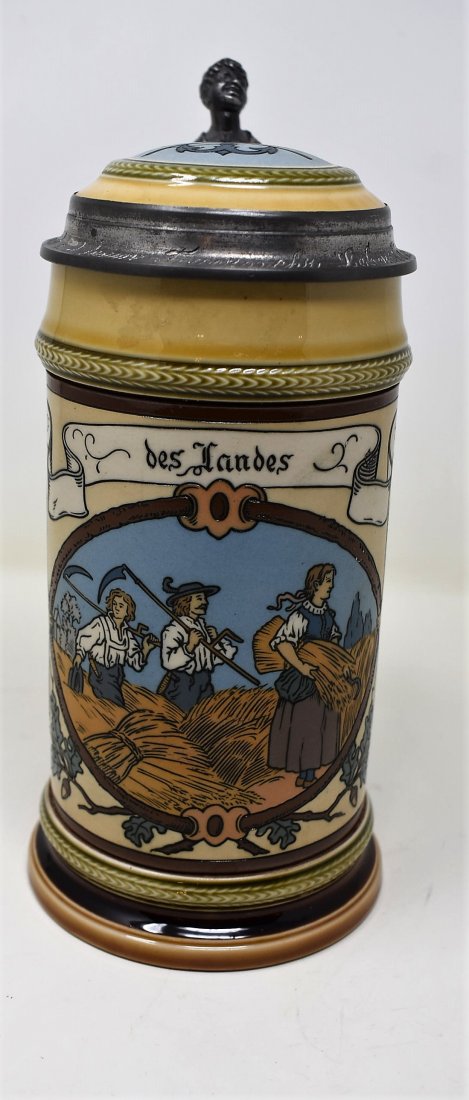 Mettlach 2844 Farmers Harvest Beer Stein: 1/2 liter etched Farmers Harvest Mettlach Beer Stein #2844, inlay lid with inscription around pewter ring