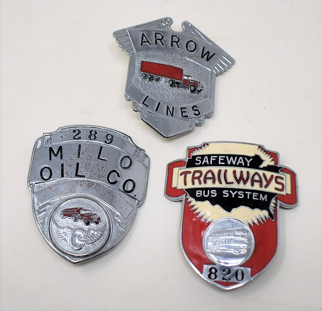 3 Automotive Transpostation Badges Bus and Trucking: 3 Automotive Transpostation Badges - one is for the Safeway Trailways Bus System, one for Arrow Lines (trucking) and one for Milo Oil Co. (trucking) - nice Vintage metal Identification Badges - in fai