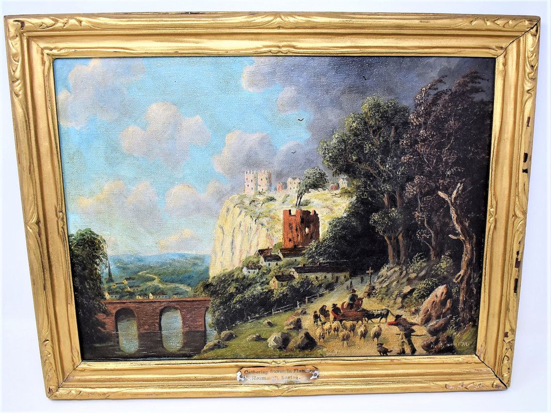 Herman P. Sontag Painting oil on Canvas: Herman P. Sontag (1873-1934) Painting oil on Canvas - Titled \" Gathering Storm in Flan...?" - painting could use cleaning as it has some surface soiling