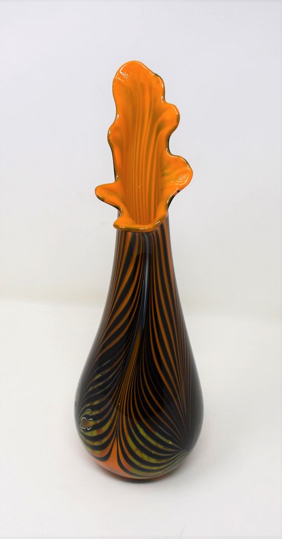 David Lotton Art Glass Jack In The Pulpit Vase: David Lotton Art Glass Jack in the Pulpit Vase, measures 9.25" tall, orange with swirls, signed David Lotton 2019 on the bottom