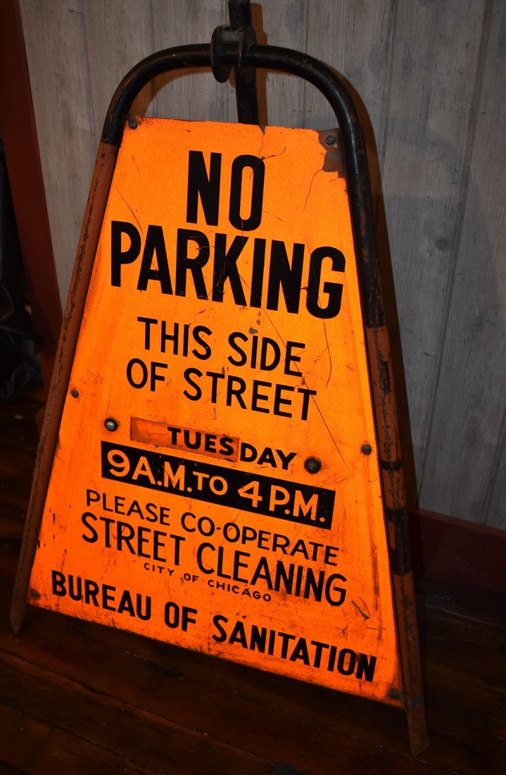 Vintage Large Folding Chicago Street Cleaning Sign: Vintage Tripod Folding Chicago Streets and Sanitation Street Cleaning Sign, measures 39" tall. Heavy item