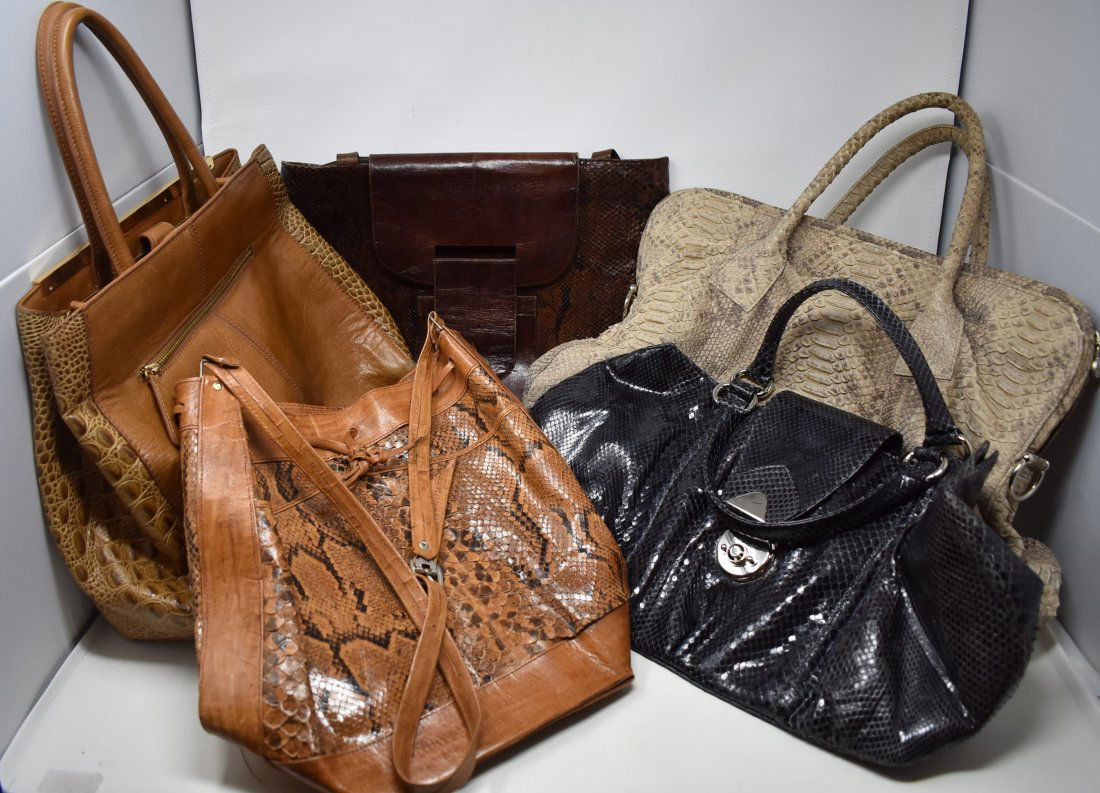 Group of 5 Exotic Purses Handbag: A Group of 4 Exotic Python Handbags and one Leather Bag (Charles Jourdan)