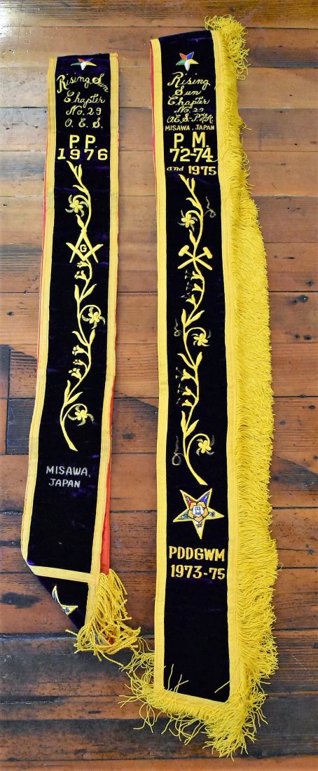Pair of 1970s Order of the Rising Sun Japan Sashes: 1972-74 and 1976 Rising Sun Chapter Misawa, Japan Velvet Sashes, 40" long, monogramed on reverse side