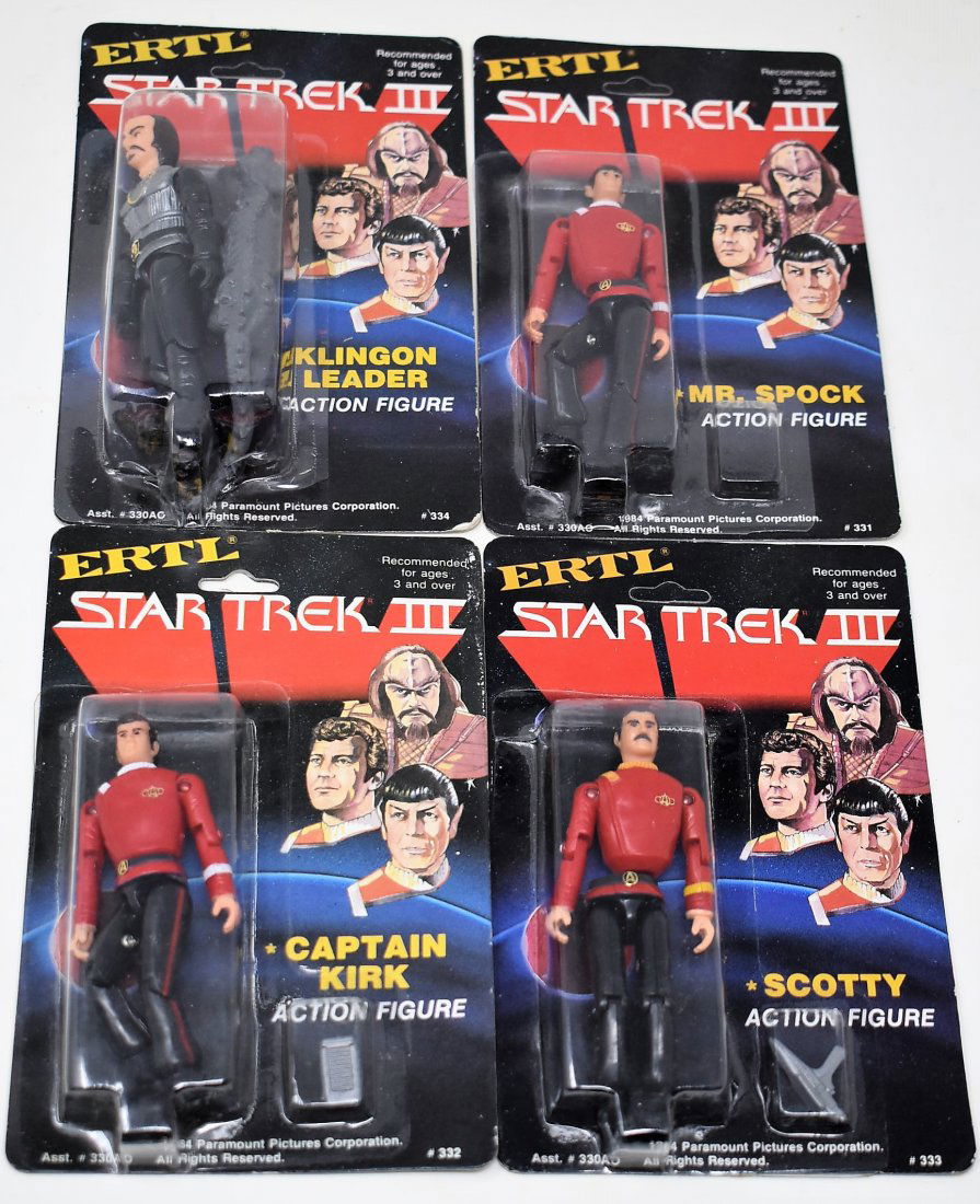 Ertl Star Trek III 3 New Card Figures 1984 Spock Kirk: Ertl Star Trek III 3 New on Card Figures from 1984 includes: Mr.Spock, Captain Kirk, Scotty & Klingon Leader - Booth Spock & Scotty are disconnected at the waist (common Rubber Rot) Spocks Weapon Box