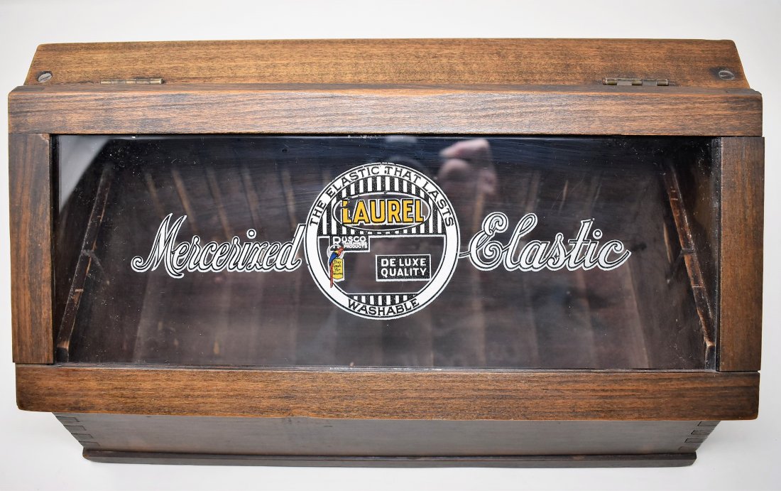 Vintage Laurel Elastic Display Case w Glass: Vintage Laurel Mercerized Elastic Display Case, wood with original glass, 15" x 7" x 8"