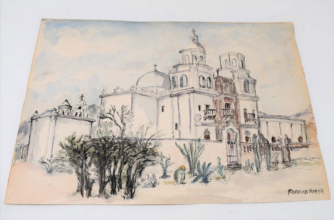 Reginald Marsh Watercolor on Paper - Southwestern: Reginald Marsh Watercolor on Paper - Southwestern Building scene - well done painting signed Reginald Marsh in lower right corner - 16"x 11.5" unframed
