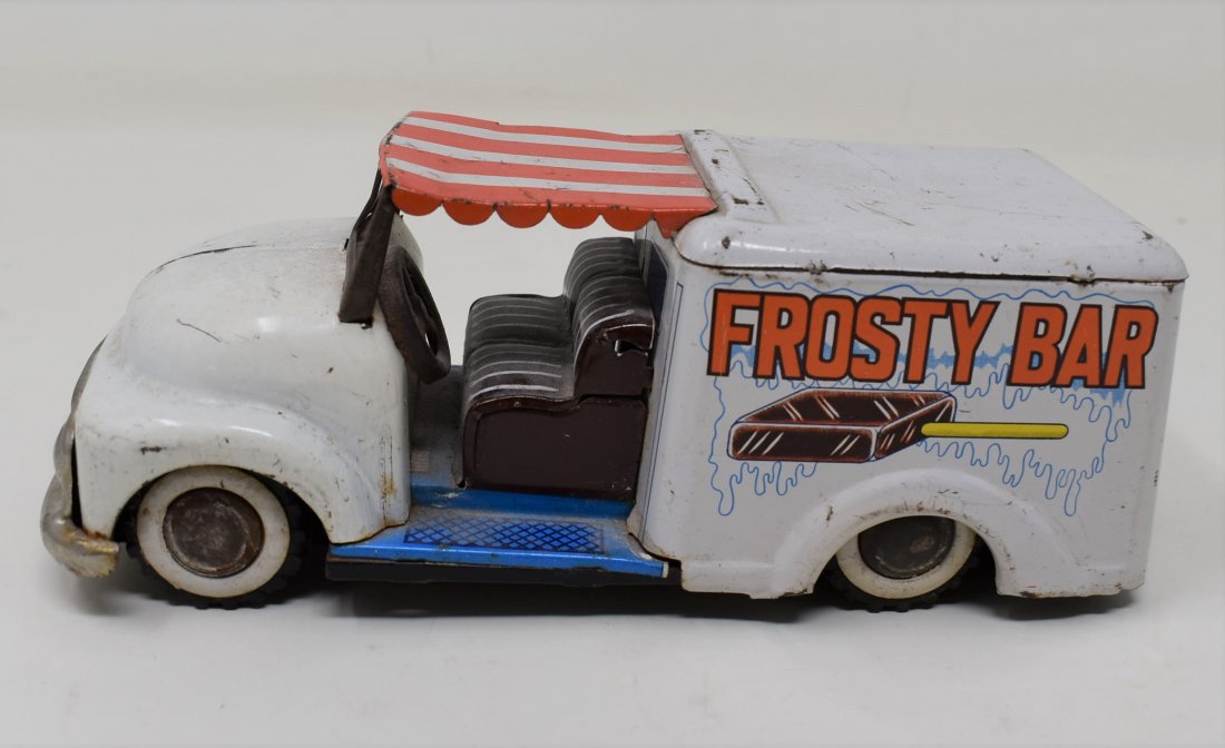 Frosty Bar Tin Friction Toy Truck By Yoneya Japan: Circa 1950's Frosty Bar Tin Friction Toy Truck made By Yoneya Japan - in nice condition with working friction power - has scratches, scuffs, and dents consistent with being played with - please see ph