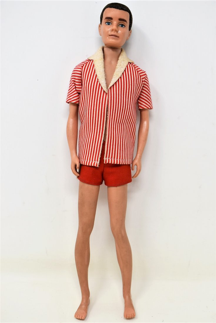 Early Flocked Hair Ken Barbie Doll Mattel Complete: Early Flocked Hair Ken Barbie Doll Mattel Complete with Trunks, Beach Jacket and Sandals - doll is marked \"Ken Pate Pend MCMLX mattel inc.\"