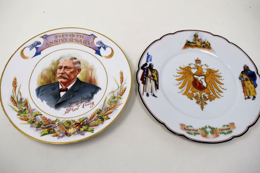 Pair of Antique Brewery Plates Kaiserhof & Krug: A Pair of Antique Brewery Plates including Kaiserhof Chicago and 1909 50th Anniversary Fred Krug Brewing Company.
