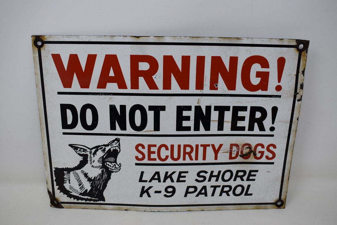 Vintage K-9 Security Porcelain Sign: Vintage Lake Shore K-9 Patrol Security Dogs Porcelain Sign, measures 10" x 14"