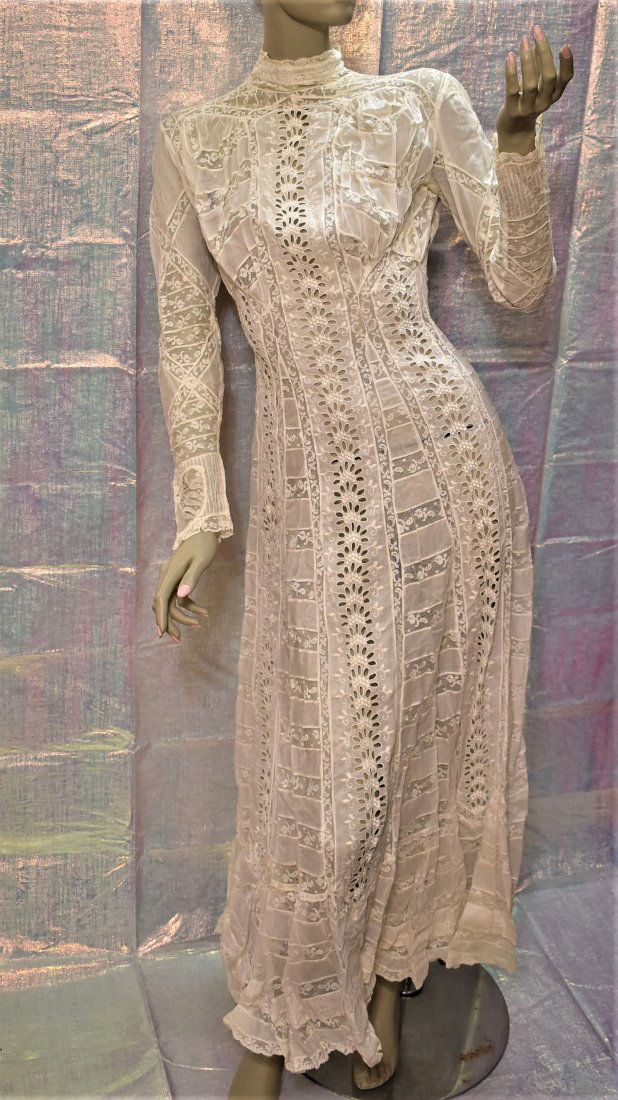 Victorian / Edwardian Lace Eyelet Dress Outfit Garment: Victorian / Edwardian Lace Eyelet Dress Outfit Garment - this is an amazing dress and wonderful piece of history. It is in fairly nice condition, it has its flaws including some smallish holes in the