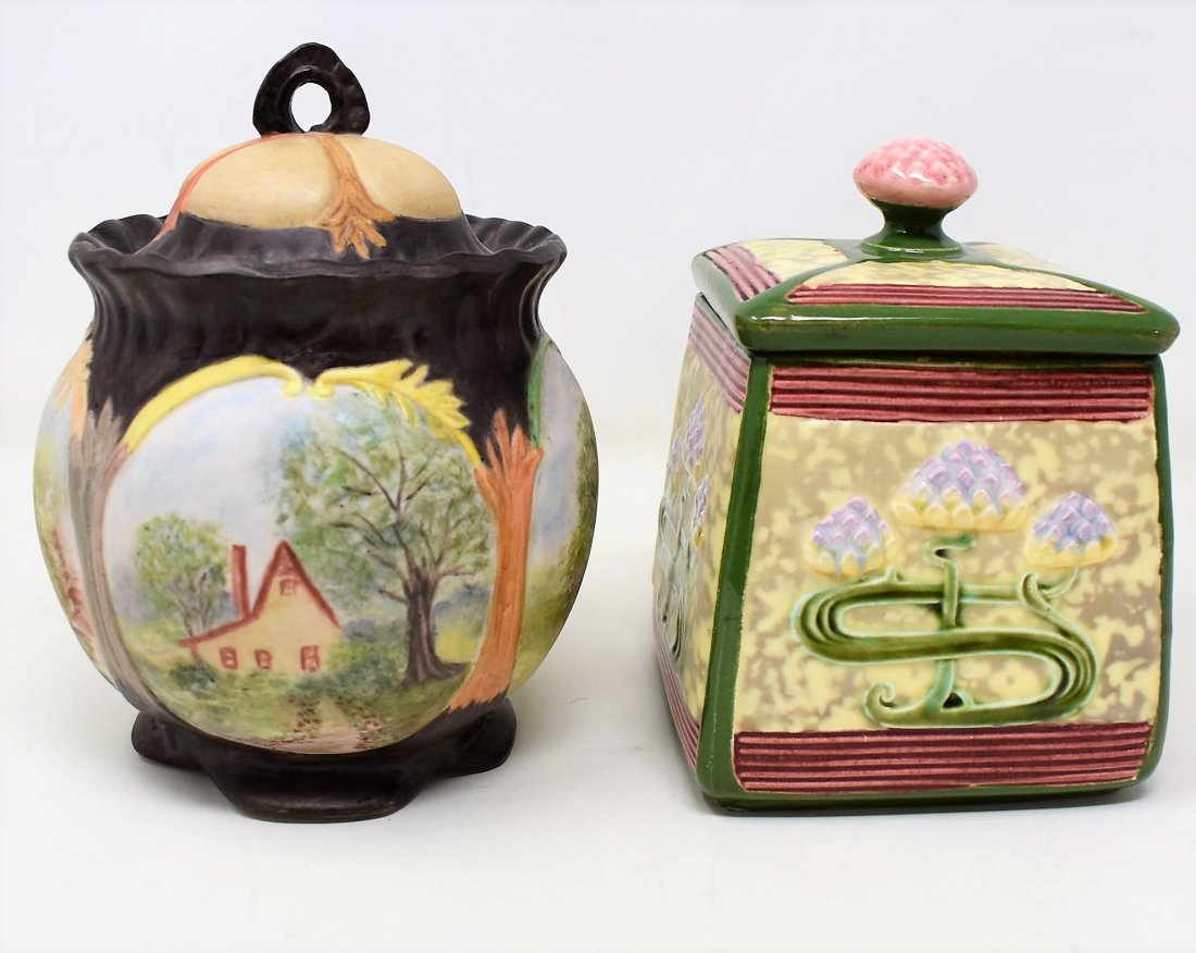 2 Tobacco Jars Humidor Majolica & Hand-painted seasons: 2 Tobacco Jars/Humidors 1 is Majolica (6\"x4\") and has markings on the bottom, the number 10268 & the initials PDM inside a triangle - The second one is Hand-painted (7\"x5\") with the 4 seasons and