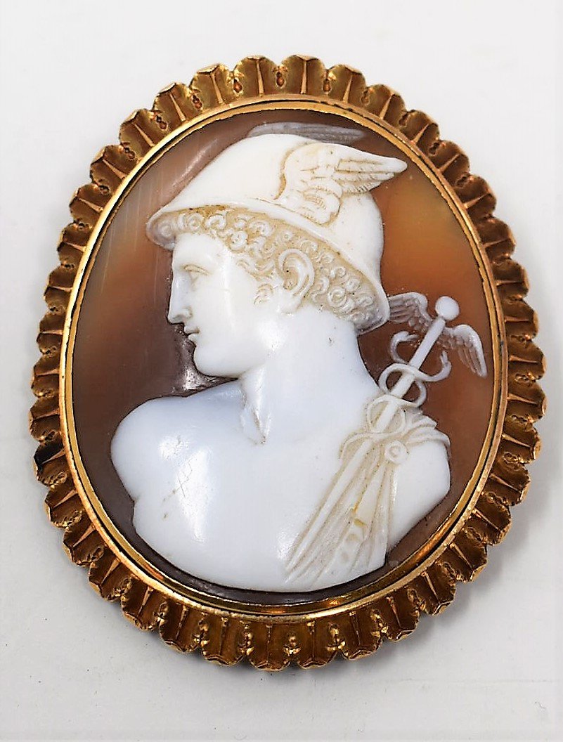 10K Gold Carved Shell Cameo Mercury w/ Caduceus Symbol (1 of 1)