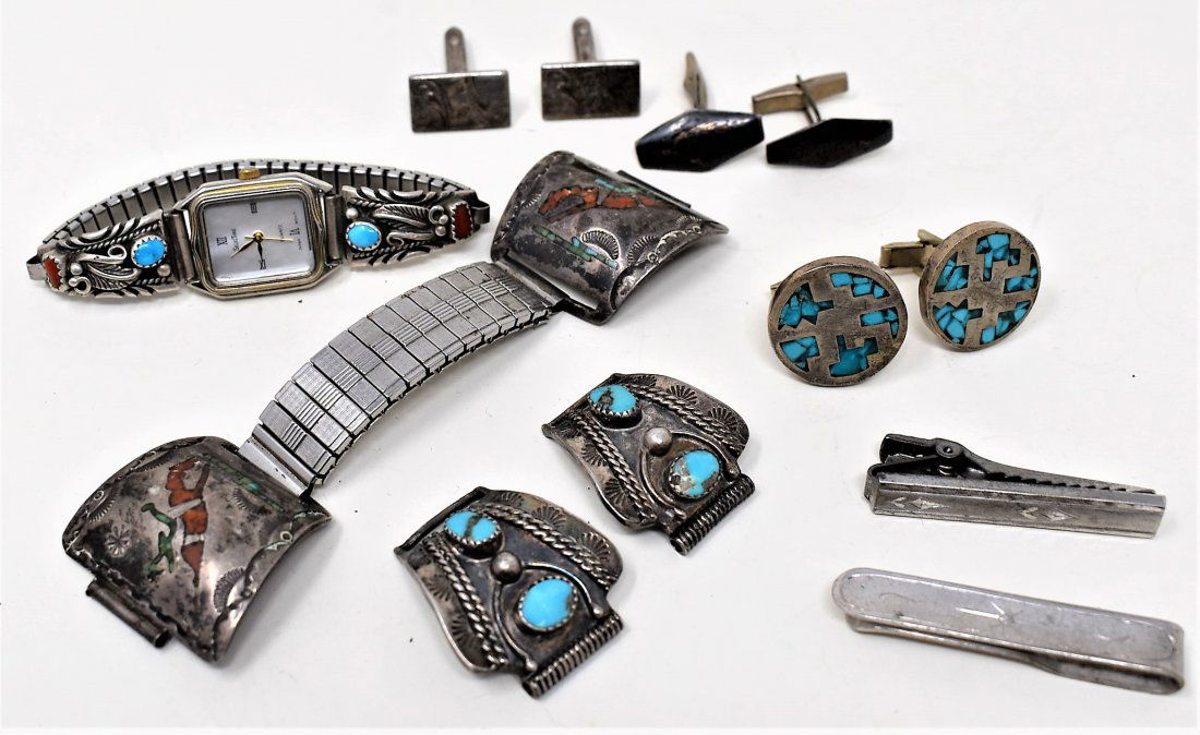 Lot of Silver Watch Band Ends, Cuff Links & Tie Bars: Lot of Silver Watch Band Ends, Cuff Links & Tie Bars - some are Marked Sterling, Others are Unmarked Native American pieces which are usually Coin silver