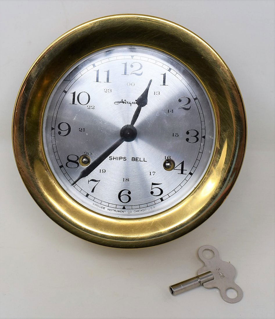 For Auction Airguide Brass Ships Bell Key Wind Clock (0307) on May 31