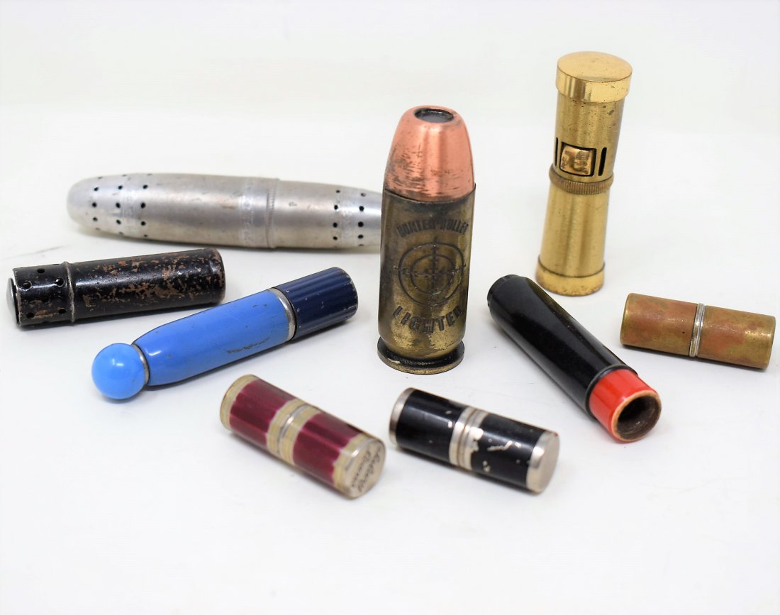 Lot of 8 Cylindrical Lighters Bullet Lipstick + Bonus: Lot of 8 Cylindrical (Bullet, Lipstick Style) Lighters Including: Lentrolite Geopoint, Hunter Bullet Lighter, Pacton, Local Loan Co. & Blue marked just A, 3 Unmarked) + Bonus Aluminum hoder with fire