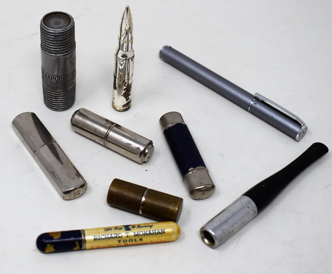 8 Odd Lighters Bullet pipe pen Cylindrical Lipstick etc: 8 Odd Lighters Bullet (marked Men-80) pipe (advertising Frick & Lindsay Co. Challenge Nipple Division Pittsburg Pa) pen (Calibri) Cylindrical or Lipstick (3 Unmarked, 1 Marked NEB) Cylibdrical Adverti