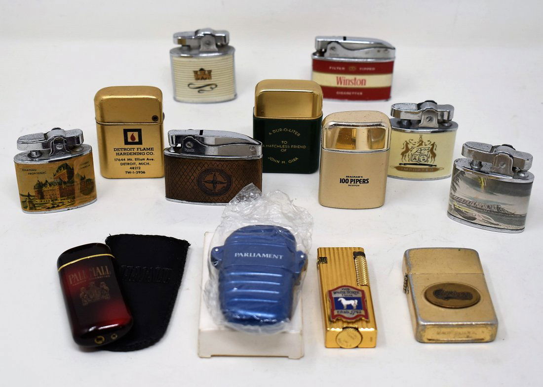 Lot of 13 Advertising Ad Lighters: Lot of 13 Advertising Ad Lighters - some Advertisments are: Carlsburg, Olypmia Feilds (IL.) Country Club, Royal Club, Winston, Hawaii, White Horse Cellar & More - See photos for condition