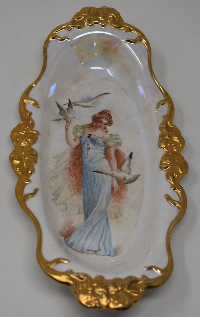 Clarus Ware Art Nouveau Lady Birds Woman Seagulls Doves: Clarus Ware Art Nouveau Lady Birds Woman Seagulls Doves - great shape for the age, some crazing and color change on the bottom.