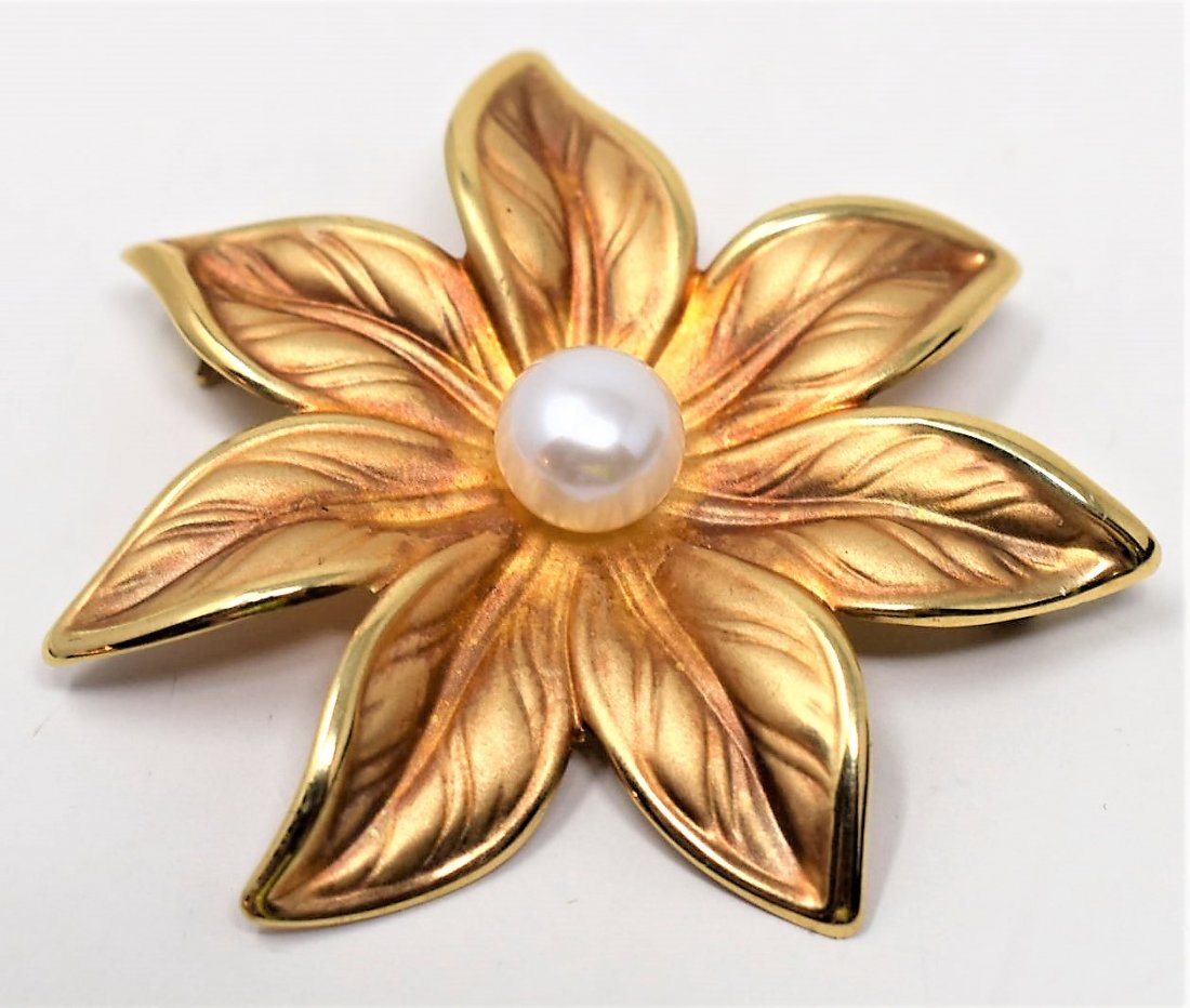 18K Gold Pearl Signed FB Floral Flower Brooch (1 of 3)