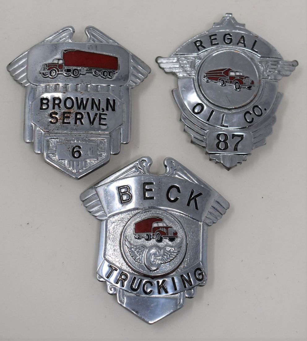 3 Automotive Transportation Badges Trucking: 3 Automotive Transportation Badges - one for Regal Oil Co. #87, one for Beck Trucking, and one for Brown N Serve #6 - nice Vintage metal Identification Badges - in fairly nice shape, although brown n
