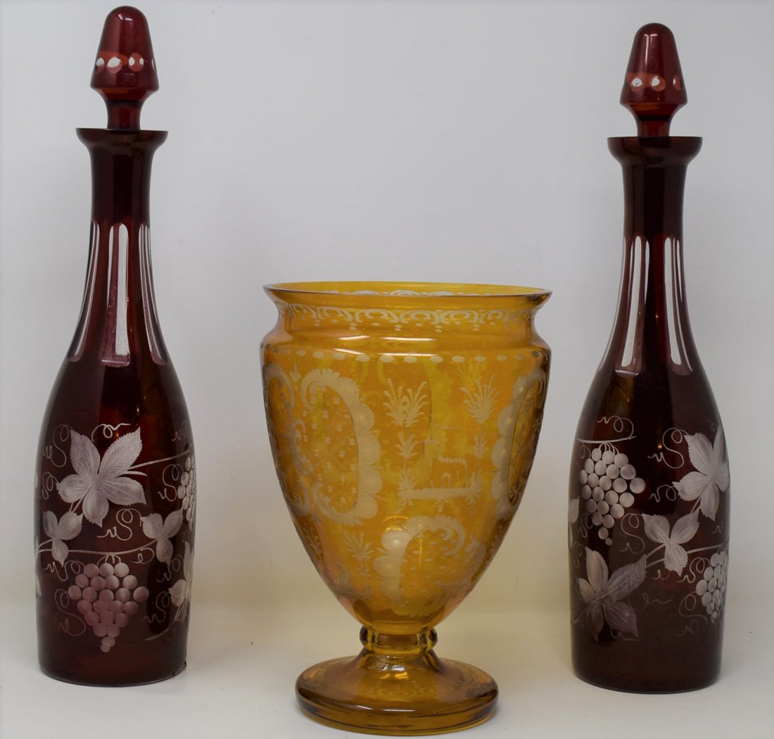 3 Pc Cut-to-Clear Gold Etched Vase & Ruby Wine Decanter: 3 Pieces of Cut-to-Clear Glass including nice Gold/Yellow Etched Vase & 2 Ruby Red Wine Decanter Bottles