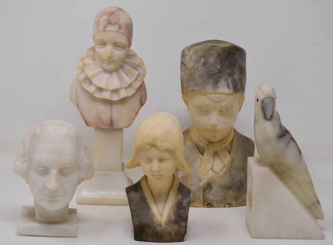 4 Antique Hand Carved Marble Bust Statues + Bonus head: 4 Antique Hand Carved Marble Bust Statues Statuettes & 1 head of George Washington that is compressed into a mold and made of crushed Limestone maybe(?) Conditions are: Pierrot (9" Tall) (Marked: Made