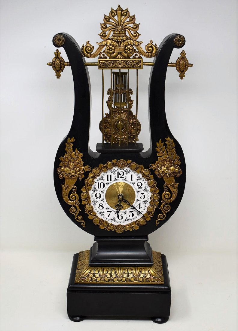 French Harp Mantel Clock Converted to quartz: French Harp Mantel Clock Converted to quartz - untested - 21.25" Tall 9" Wide