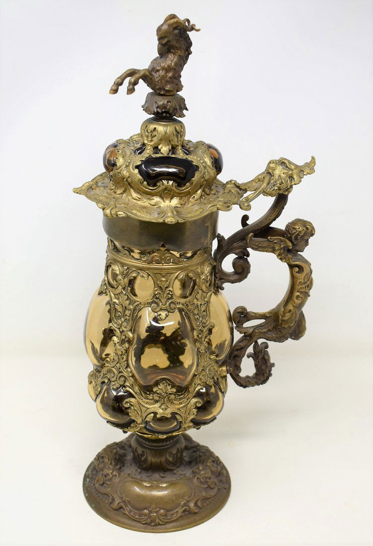 Amber Glass & Figural metal 1 Liter Stein Dated 1899 (1 of 8)