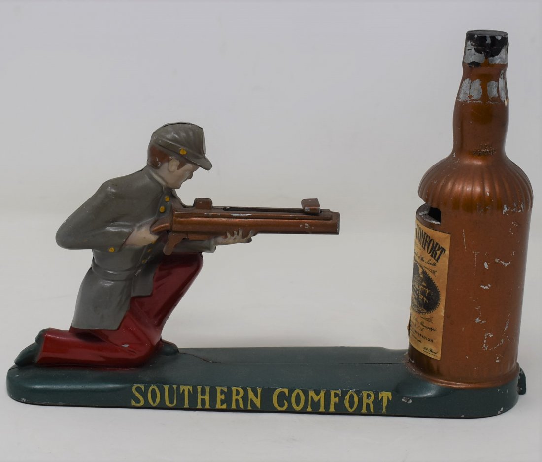 Sothern Comfort Whiskey Advertising Mechanical Bank: Sothern Comfort Whiskey Advertising Mechanical Bank - WORKS!!! - has some paint loss as shown in Pictures