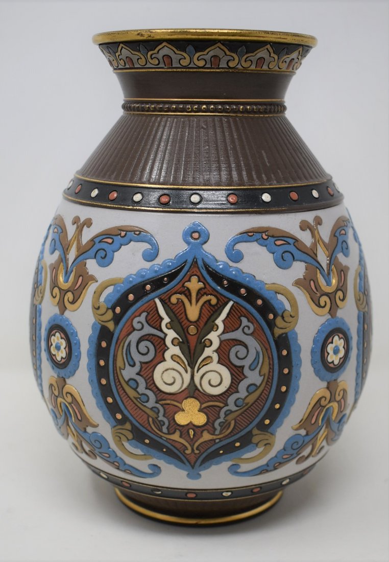 Mettlach (1829) 9" Stoneware Vase Floral Mosaic Design: Mettlach (1829) 9" Stoneware Vase Floral Mosaic Design (Polychrome?) - very nice looking vase