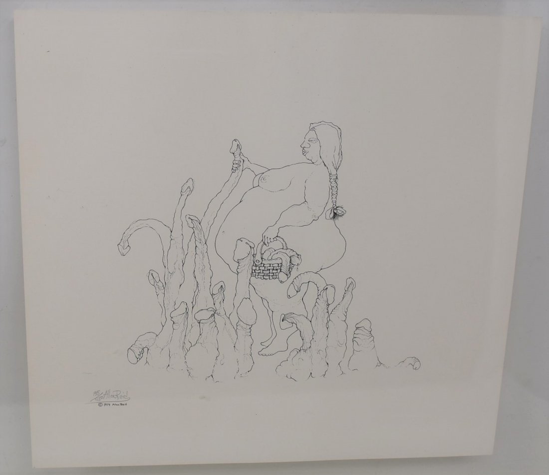 Allan Reid "Penis Garden" print 195/950: Allan Reid "Penis Garden" print 195/950 - in an acrylic Frame - frame has minor issues - print is good - print is adhered to the frame to prevent movement (see photo) we are not sure what kind of adhe