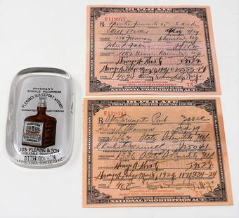 Prohibition Medicinal Liquor Prescriptions Paperweight: Prohibition Medicinal Liquor lot including: 2 Prescriptions from a doctor in Schenectady New York & an Advertising Paperweight for Doctor's asking them to prescribe Fleming's Old Export Whiskey, sold