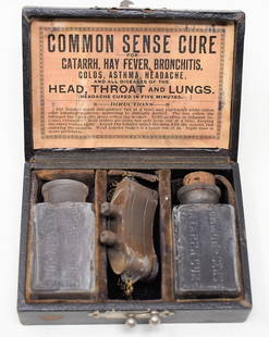 Common Sense Cure for Asthma Hay fever Colds headache: this item is billed as :Common Sense Cure for Catarrh, Hay Fever, Bronchitis, Colds, Asthma< Headache, and all diseases of the Head, Throat and Lungs and is a Quack Medical devise. circa 1865