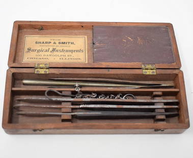 Minor bedside Surgery Surgical Inst. Kit Sharp & Smith: Minor bedside Surgery Surgical Instrument Kit made by Sharp & Smith from Chicago - note kit contains a Chain Retractor, Strop in cover for Sharpening on the go, and a blow pipe for open flame