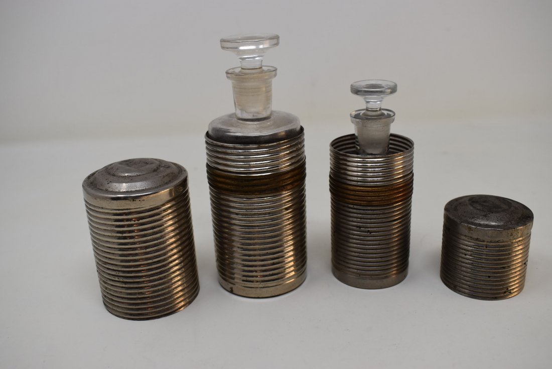 Pair of 1800s Merwin Hulbert Apothecary Gun Oil Bottles: Two 1800s Merwin Hulbert Gun Oil or Apothecary Bottles, Glass with Metal cases. Bottle marked Pat. June 20 1882