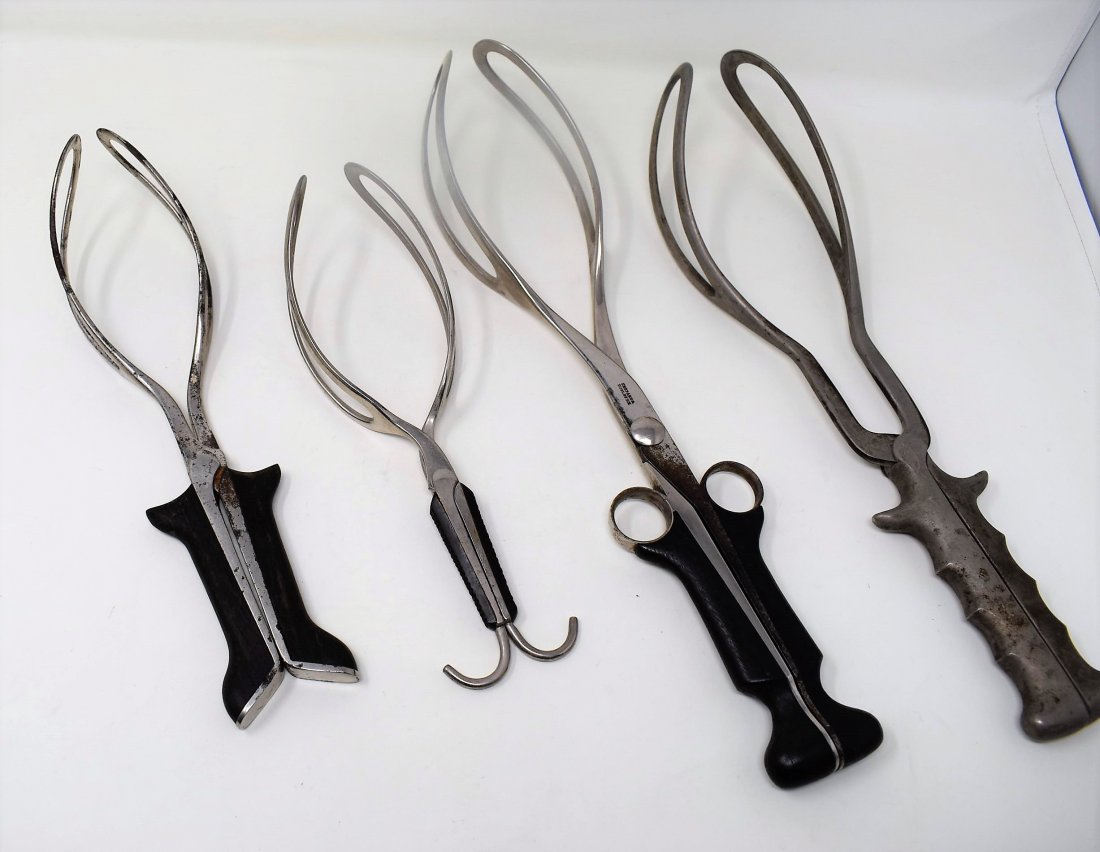 Lot of 4 Antique Obstetric Forceps: A Group of 4 Pairs of Obstetric Forceps. All are 2 pieces without screws