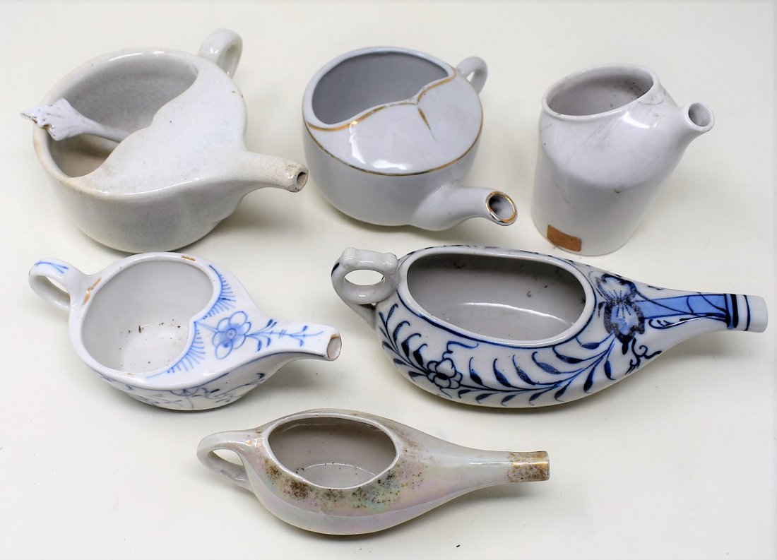 Lot of 6 invalid Feeders or Neti pots or Nasal Douches: Lot of 6 invalid Feeders or Neti pots or Nasal Douches - this is a mixed lot containing a mix of small porcelain pots - some may be invalid Feeders others may be Neti pots or Nasal Douches - we have n