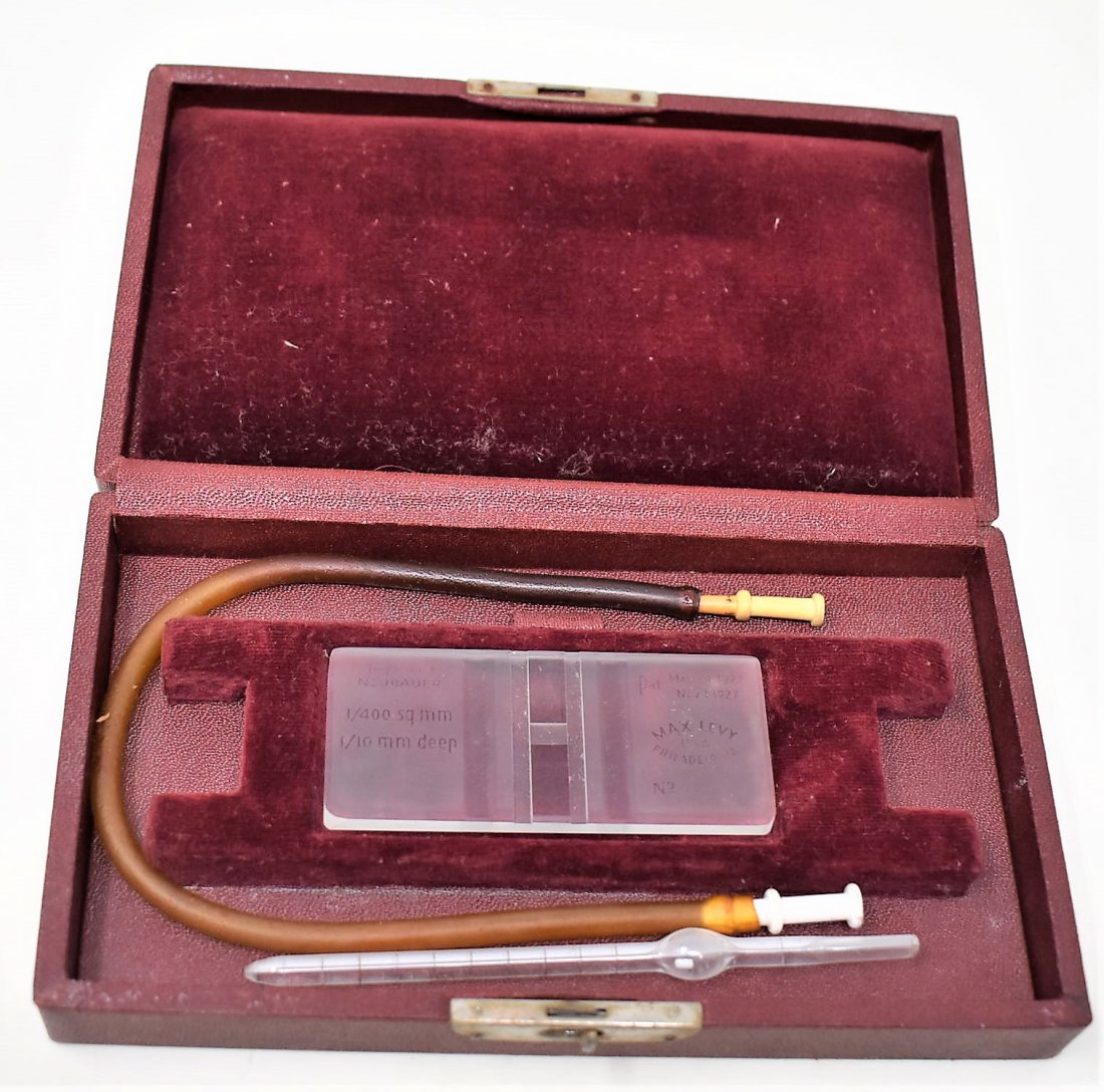 1927 Max Levy Improved Neubauer Blood Haemacytometer: patented 1927 - Max Levy Improved Neubauer Blood Haemacytometer Pipette Kit - case is marked A.S. Aloe Co. St. louis Mo.