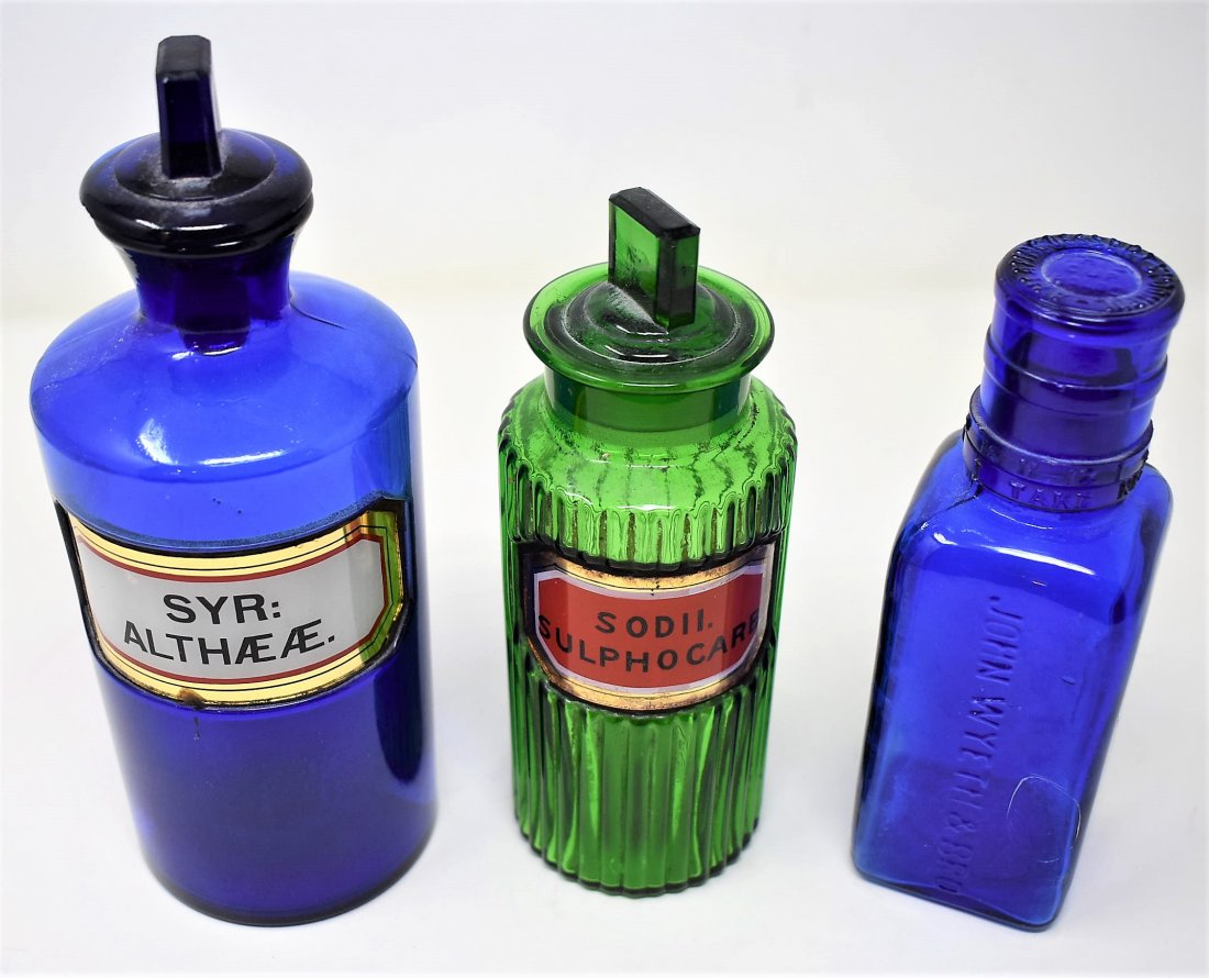 Lot of 3 Apothecary Jars Pharmacy Bottles Cobalt Green (1 of 5)